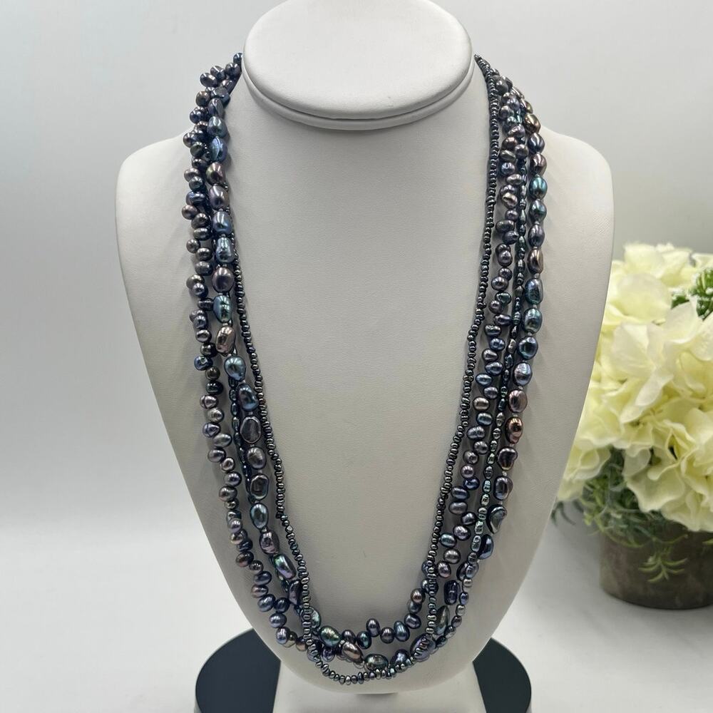 Black Freshwater Pearl Multi-Strand‎ Necklace Baroque Peacock Silver Tone Clasp